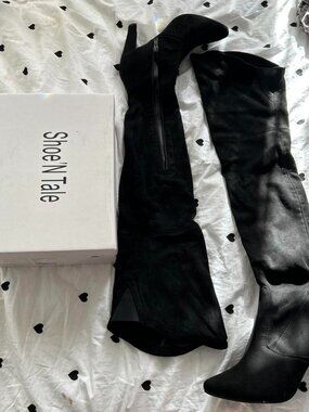 Shoe n Tale Over the Knee Black Suede Heeled Boots sz 37